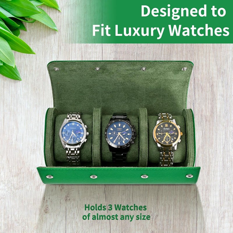 ROSELLE Watch Roll Travel Case for Men and Women- 3 Watch Storage and Organizer-Secure Storage with Innovative Removable Pillows & Solid Dividers for Home Storage, Travel and Display (Green Cross-3 Slot) - Image 3